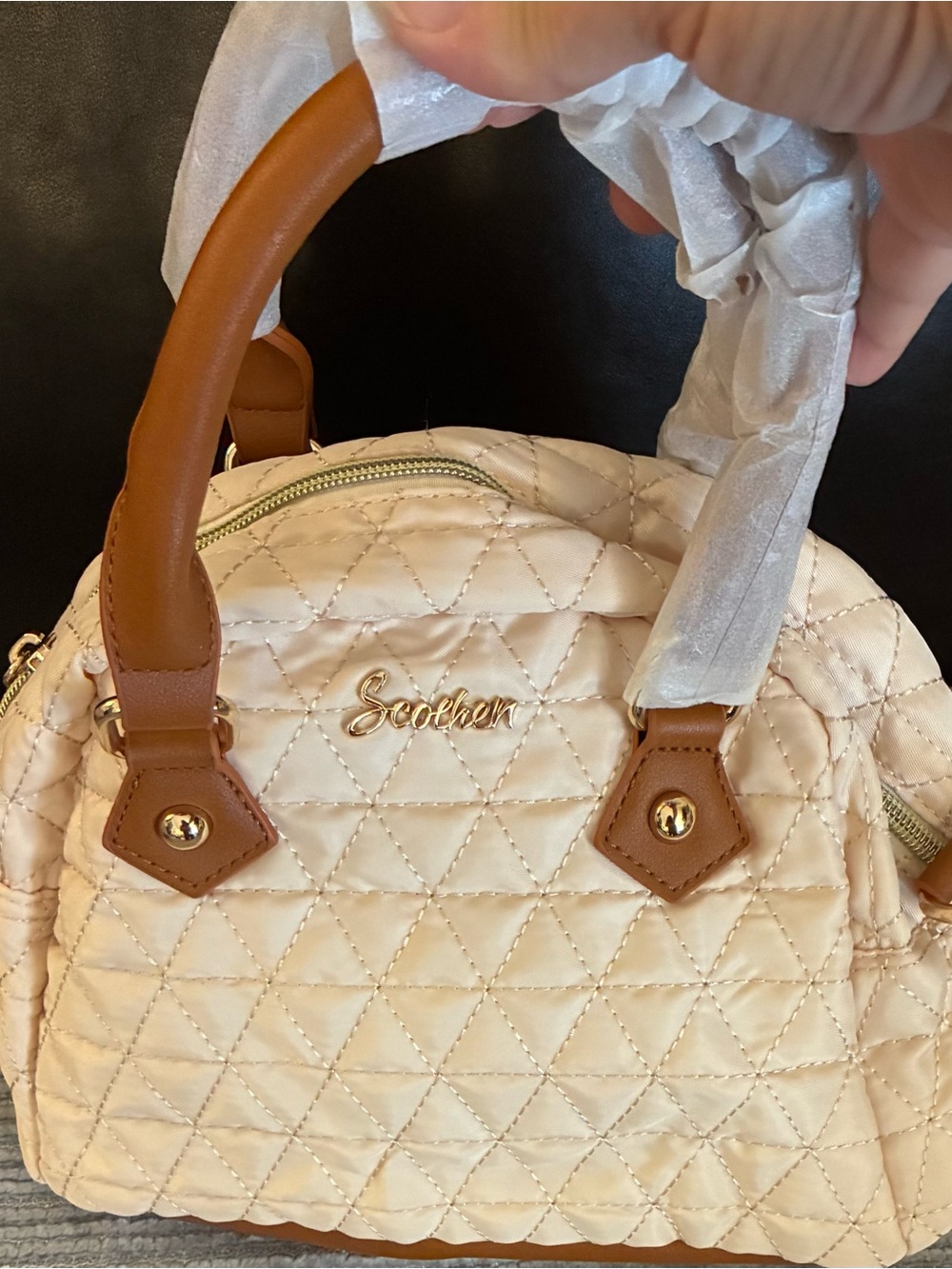 New w/o tag Scoehen cream quilted handbag with tan faux leather and gold accents
